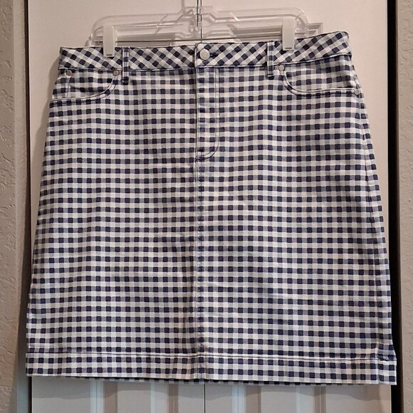 Talbots Denim A-Line Fancy Gingham Blue & White Skirt Women's Size 16/18 - Picture 1 of 14